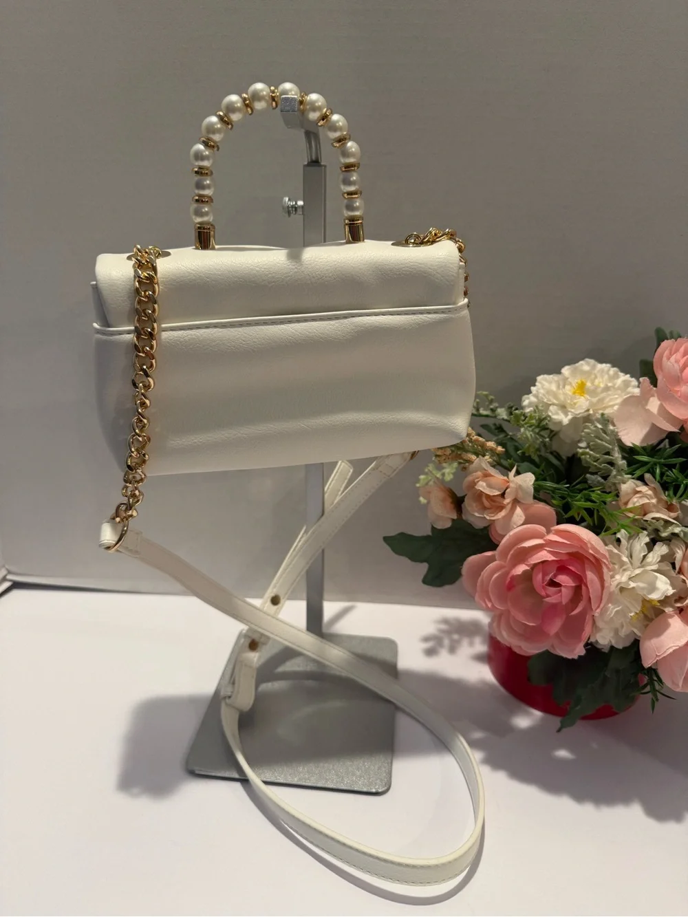 New INC Elegant White Pearl-Handle Vegan Crossbody Bag